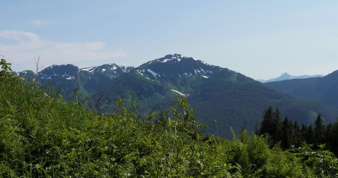 Snow-capped Mount Bradley on Douglas Island, view from Mount Roberts, Juneau, Alaska.