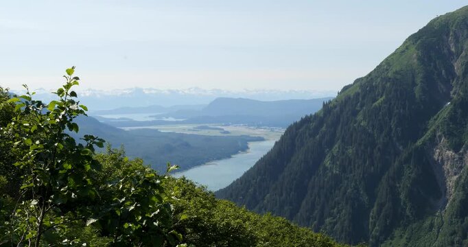 Beautiful view from Mount Roberts over the Gastineau channel, Mount Juneau,Mendenhall wetlands and Chilkat Mountain Range. Juneau, Alaska.