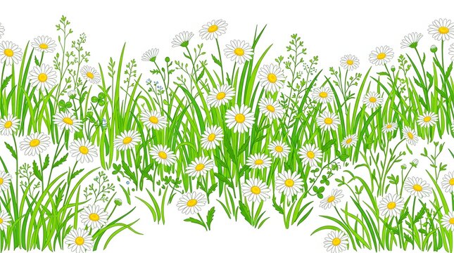 Seamless floral border featuring white daisies lush green grass and clover on a white background