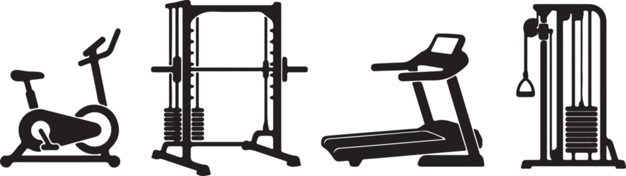 Black silhouettes of various gym equipment