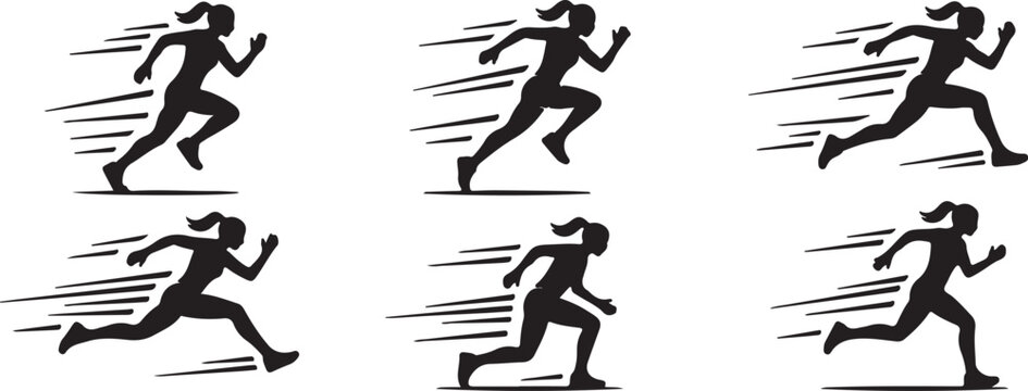 Black silhouettes of woman running in different poses