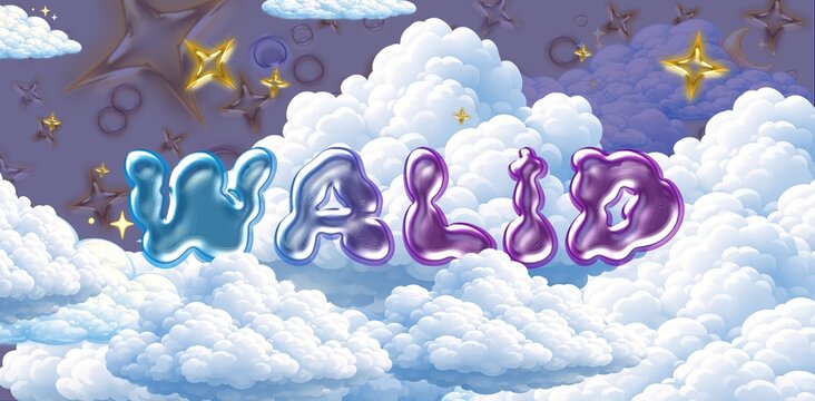 Walid name. Colorful 3D Cloud Fantasy Background with Glossy Balloon Letters. Dreamy Sky, Stars and Soft Clouds Illustration.