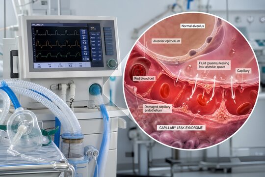 Medical illustration showing a ventilator connected to lungs alongside capillary leak syndrome pathology, representing critical care and fluid imbalance