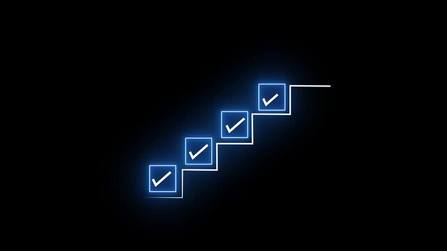 Neon glowing staircase infographic with animated checkmarks representing business growth, goal achievement, task completion, success milestones, and strategic progress in a modern corporate digital