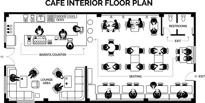Cafe interior floor plan with seating lounge area and barista counter layout