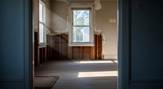 An interior view of a fixer upper house featuring exposed wooden wall studs and peeling plaster in a sunlit room that is undergoing residential renovation