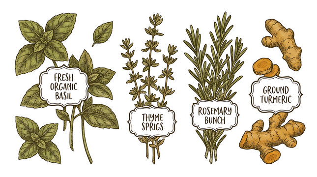 Fresh organic herbs and spices illustration with labels on white background