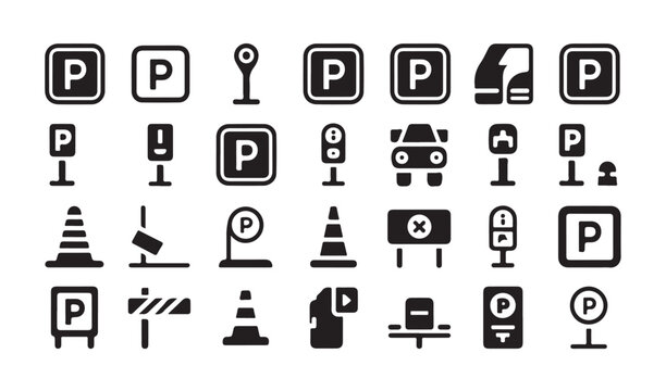 Parking meter icons traffic barrier parking sign cone and cars for parking lot.