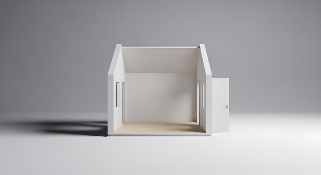 Minimalist architectural representation of a fixer upper house interior with open walls and wooden flooring displayed in a clean studio environment setting