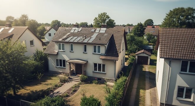 A quiet suburban residential street featuring a traditional fixer upper house with solar panels installed on the roof during a sunny afternoon day