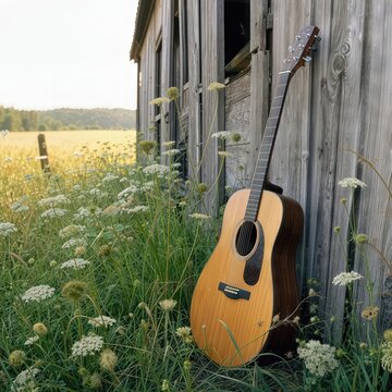 An acoustic guitar rests against a weathered barn, surrounded by tall grass and Queen Anne's Lace wildflowers, all illuminated by the warm sunlight of the serene countryside