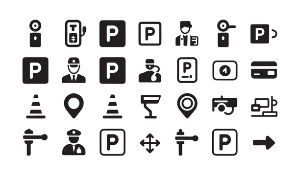 Collection of parking symbols icons for payment parking meters and access barriers.