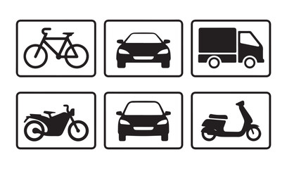Fototapeta premium Group of vehicle icons for transport including car, truck, motorcycle, scooter, bicycle.