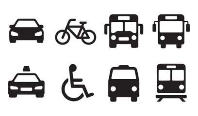 Set of transportation icons including car, bus, bike, taxi, disabled, and train. © parul