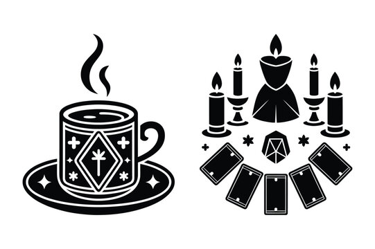 Mystical ritual with candles tarot cards dice and hot drink in decorated mug