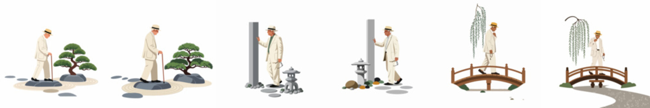 Set of flat illustrations depicting an elderly man in a white suit exploring a serene Japanese Zen garden with bonsai, bridges, and stone lanterns.