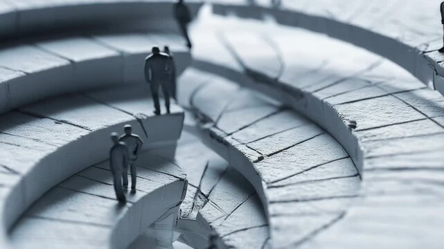 Miniature figures standing on a spiral staircase, showcasing a whimsical perspective of a unique architectural feature.