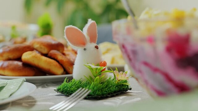 Festive meal setup featuring Eastern European cuisine and bright spring elements