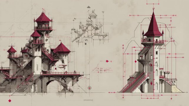 A drawing of a castle featuring multiple towers topped with red roofs against a clear blue sky.