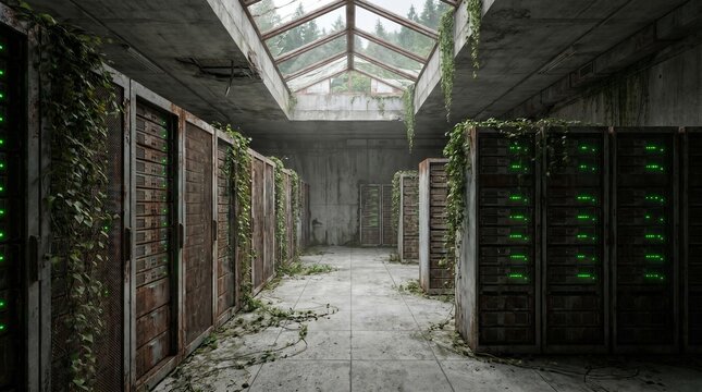 Abandoned server room with overgrown technology and greenery indoors