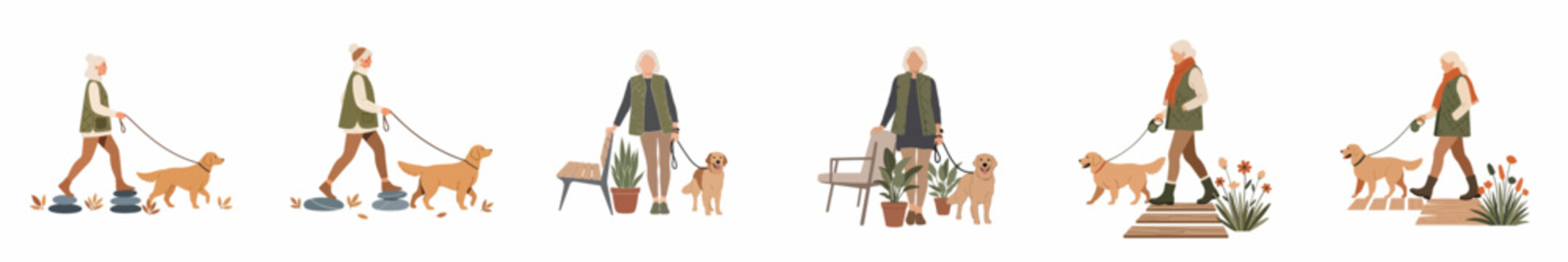 Flat illustration set of an elderly woman walking and resting with her golden retriever dog in a park during the autumn season.