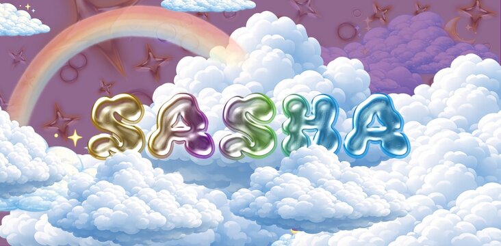 Sasha name. Colorful 3D Cloud Fantasy Background with Glossy Balloon Letters. Dreamy Sky, Stars and Soft Clouds Illustration.