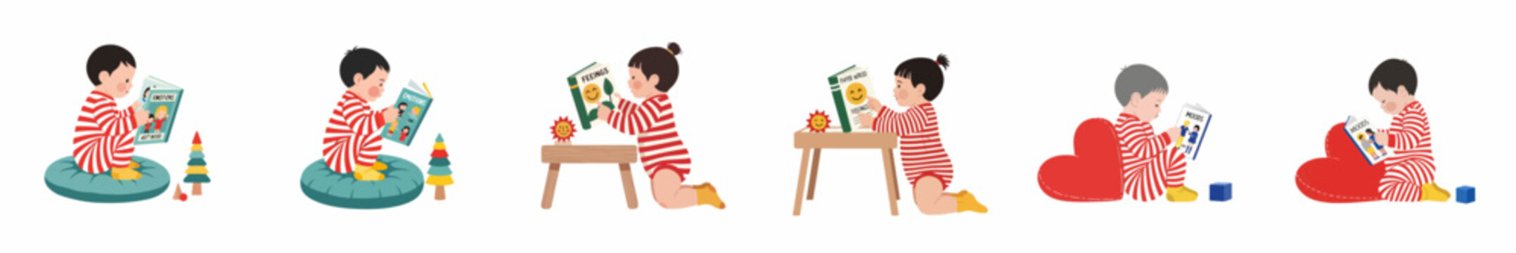 Collection of illustrations showing toddlers in striped pajamas reading educational books about emotions, feelings, and moods in different poses.