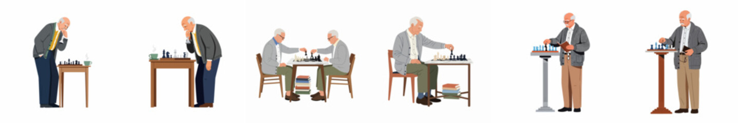 Vector Illustration Set of Senior Men Playing Chess, Pondering Moves, and Enjoying Leisure Retirement Activities in Flat Style. © Nadhirotul