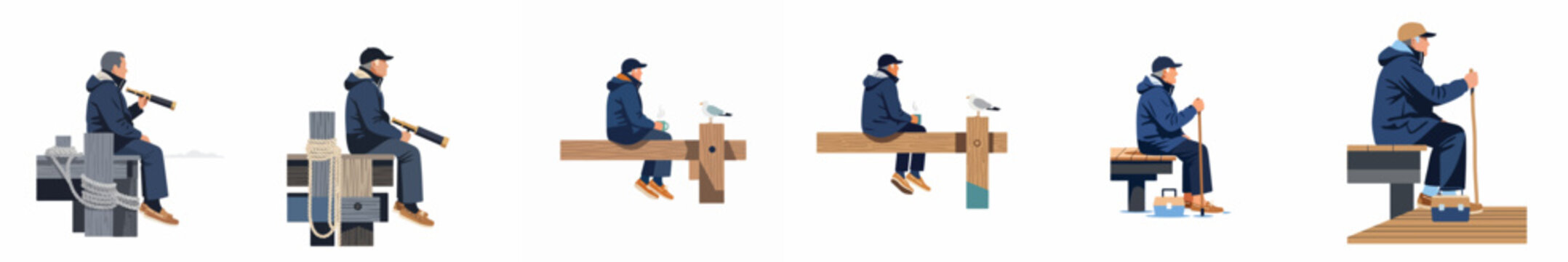 Set of flat vector illustrations depicting an elderly man in various maritime activities sitting on a wooden dock with a telescope and coffee.