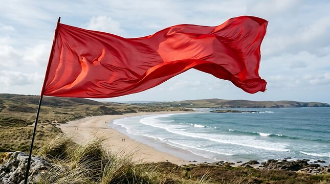 Red warning flag waving at a scenic coastal beach.