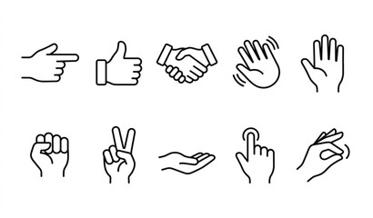 Fototapeta premium Outline hands icon set illustrating human gestures and finger signs in modern linear vector style