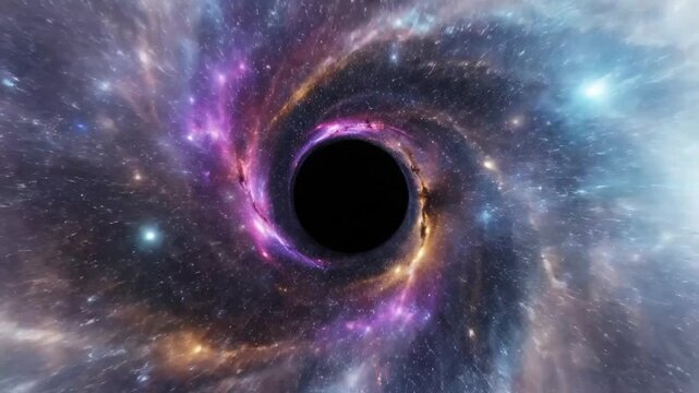 Cinematic black hole surrounded by vibrant colorful nebula and stars