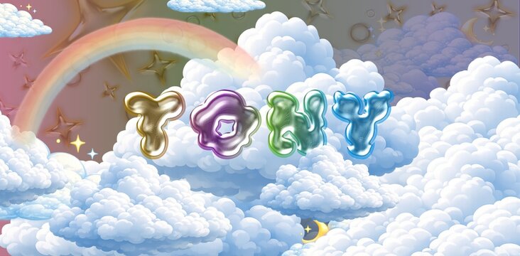 Tony name. Colorful 3D Cloud Fantasy Background with Glossy Balloon Letters. Dreamy Sky, Stars and Soft Clouds Illustration.
