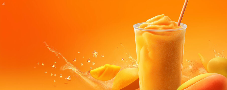 Fresh mango slush on orange background and branding space