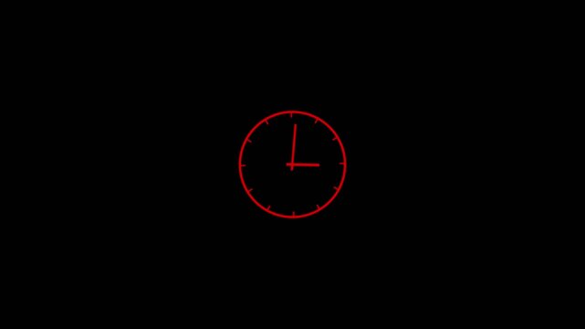 Minimalist red neon analog clock face rotating hands motion for time management concepts and countdown timers isolated on a deep black background, for modern projects