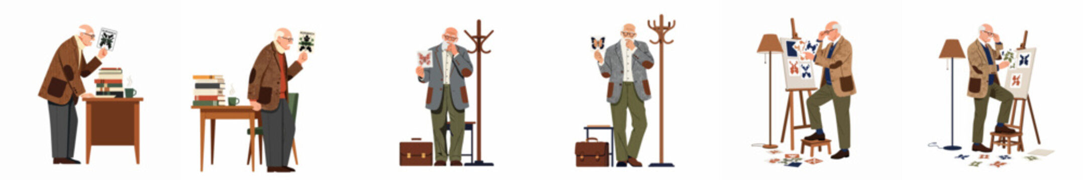 Series of flat illustrations depicting a senior male psychologist analyzing Rorschach inkblot tests in various intellectual and professional poses.