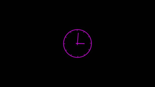 Minimalist neon purple analog clock face rotating hands motion for time management concepts, countdown timers, and modern digital interface visualizations on black background