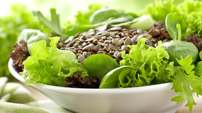 Mixed green salad with assorted seeds in a white bowl for healthy eating, vegetarian