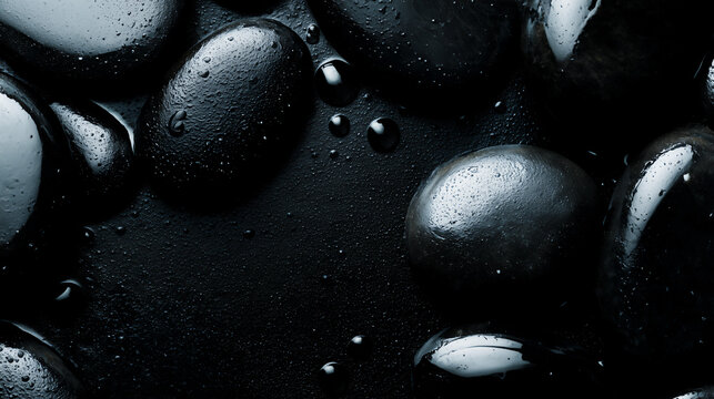 Wet black pebbles with water drops and moody dramatic lighting