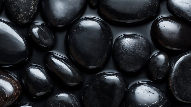 Top view of smooth black river stones in water for spa concept