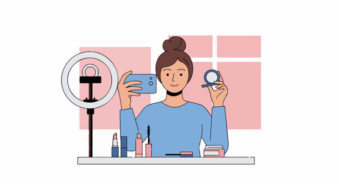 Person filming makeup tutorial with ring light and cosmetics