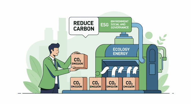 Person feeding CO2 emissions into an ecology energy machine