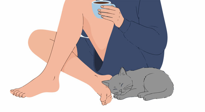 Person with a cup of coffee and a sleeping cat