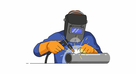 Naklejka premium Person in protective gear welding a metal pipe with sparks flying