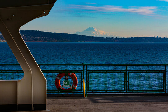 Mount Rainier seen from the deck of a Puget Sound Ferry, Seattle