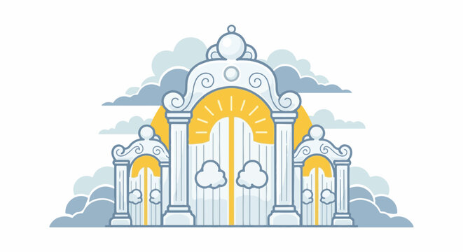 Ornate gates with glowing sun and clouds