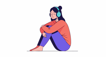 Fototapeta premium Person with headphones sitting with knees hugged, eyes closed
