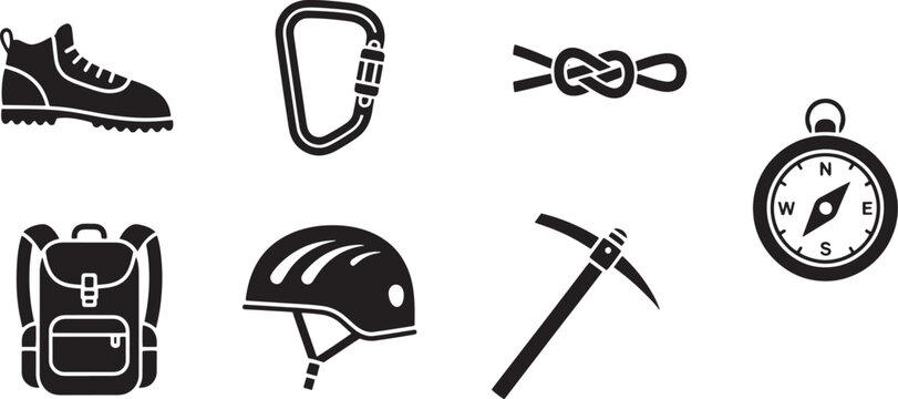 A collection of black silhouette icons representing essential outdoor equipment. The icons include a hiking boot, a carabiner, a rope, a compass, a backpack, a helmet, an ice axe, and a headlamp.