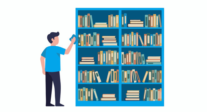 Person cleaning a large blue bookshelf filled with books