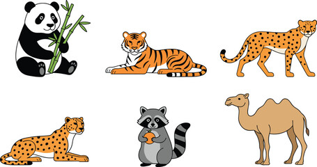 Cartoon wild animal vector set with panda tiger cheetah raccoon and camel for children and zoo design © shamsuzzoha